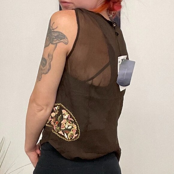 Y2K Ted Baker Floral Embroidery Sheer Top One Sleeve Size S Brown - Picture 4 of 4